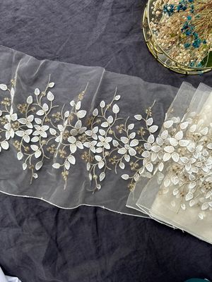 Ivory and Gold Embroidered Non-Stretch Lace Trim with 3D Leaves