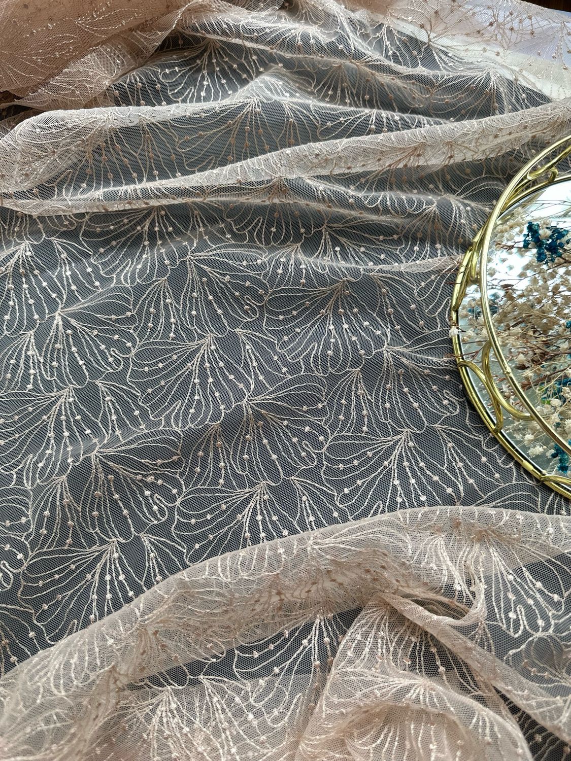 Gold Beige Embroidered Lace Fabric