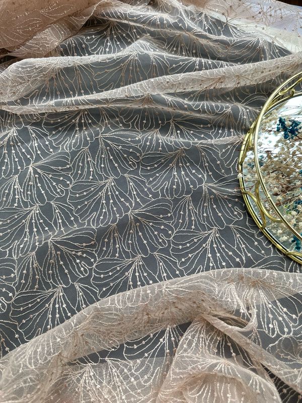 Gold Beige Embroidered Lace Fabric