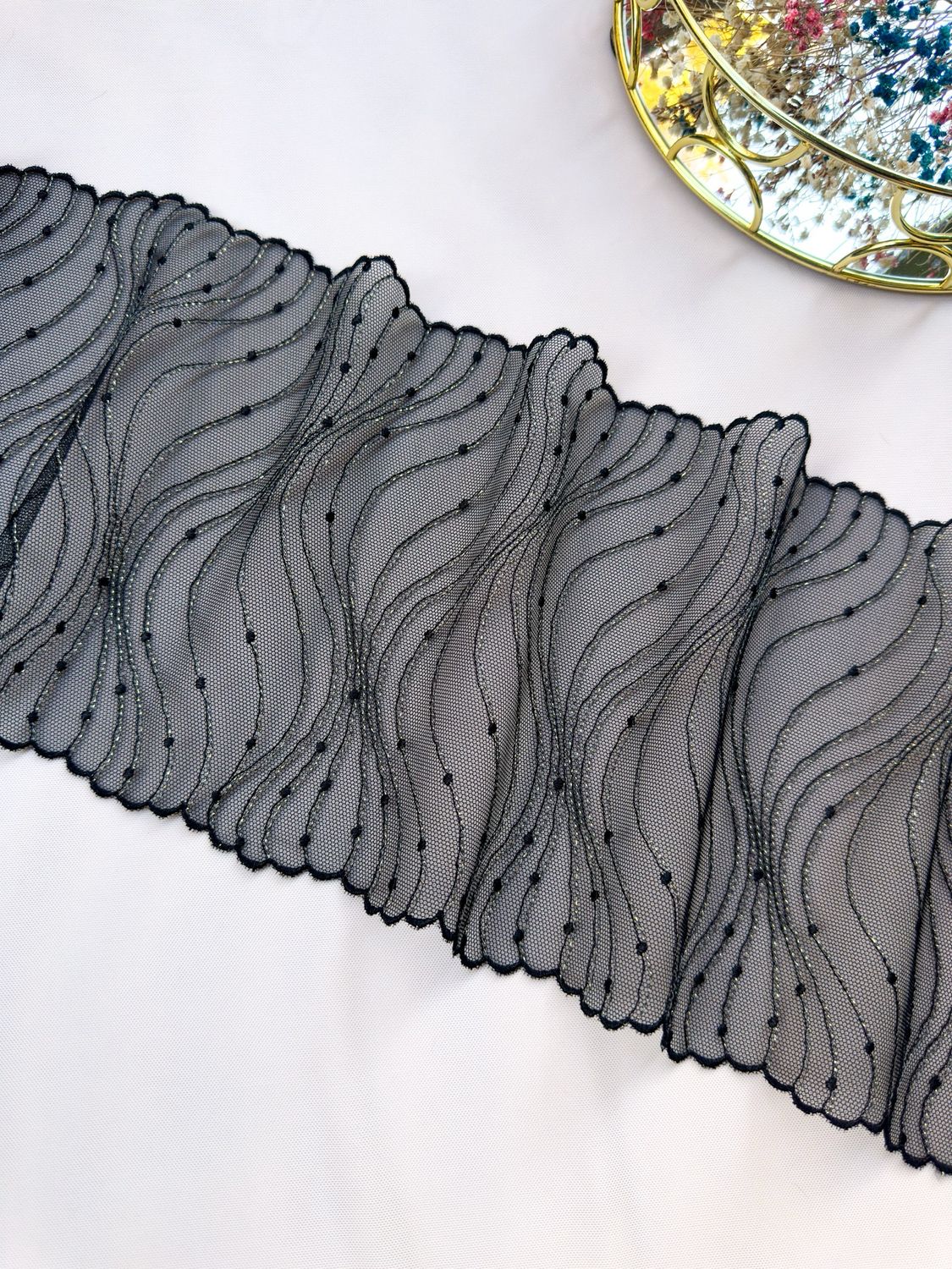 Black Embroidered Lace Trim with Gold Metallic Thread