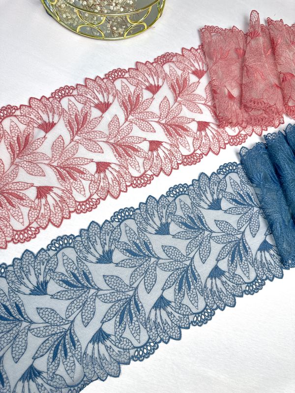 Non-stretch embroidered lace trim with floral design — pink, blue
