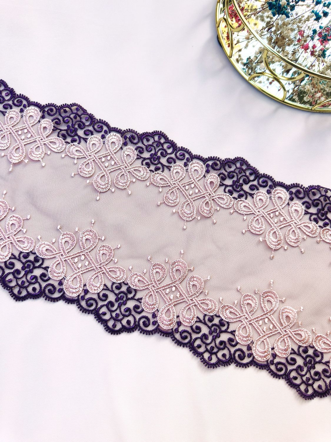 Lilac and Purple Embroidered Lace Trim