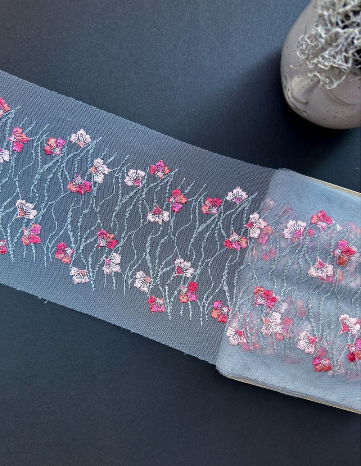 Grey Embroidered Lace Trim — Non-Stretch Floral Lace