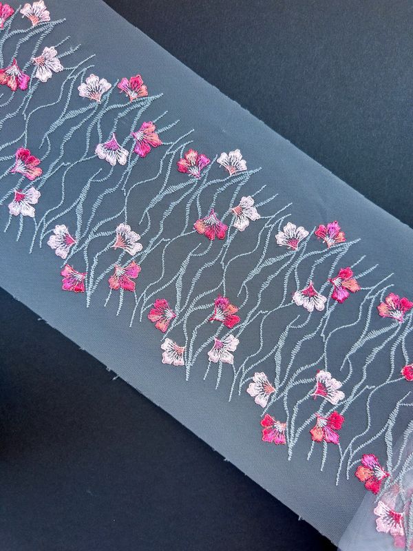 Grey Embroidered Lace Trim — Non-Stretch Floral Lace
