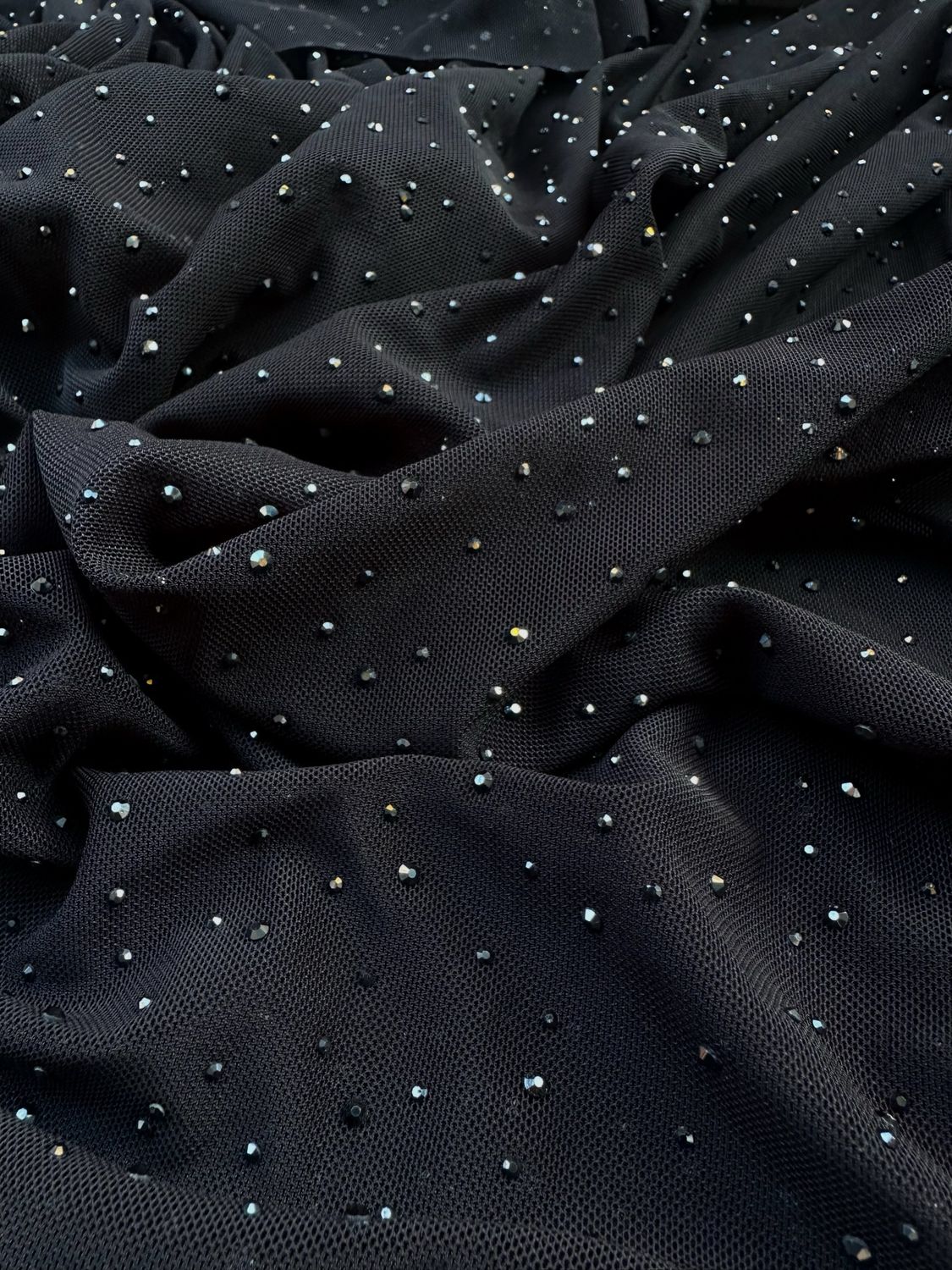 Black Stretch Mesh with Rhinestones — Sparkly Elastic Tulle
