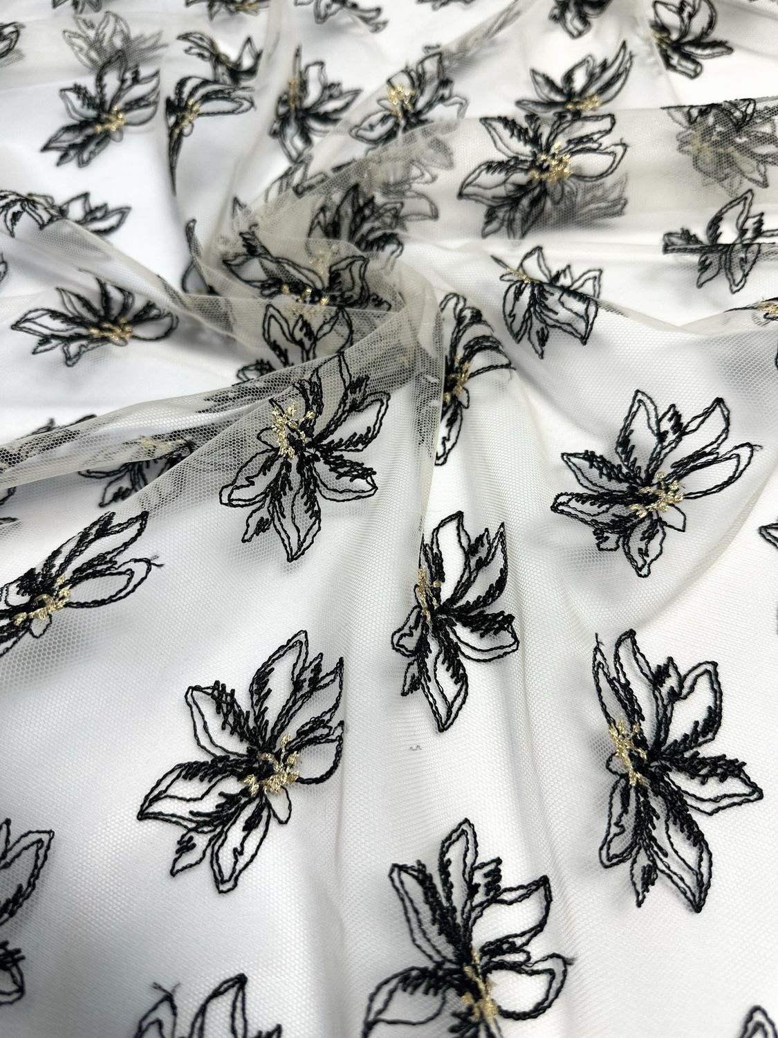 Ivory Tulle with Black and Gold Floral Embroidery