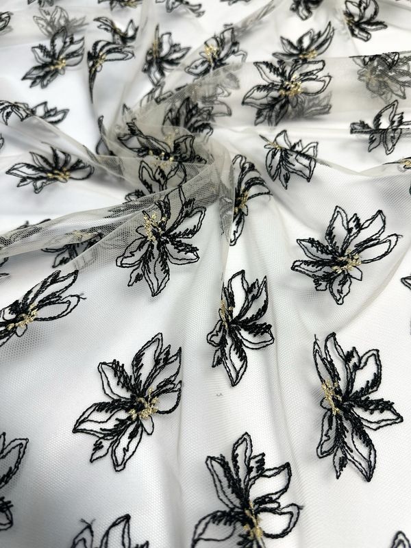 Ivory Tulle with Black and Gold Floral Embroidery
