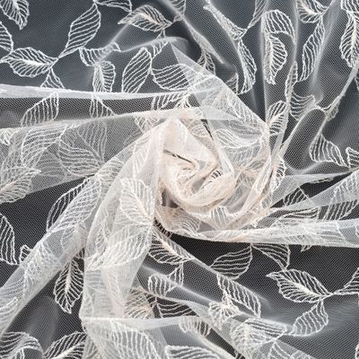 Ivory embroidered tulle with leaf pattern for lingerie sewing, soft non-stretch tulle fabric 135 cm