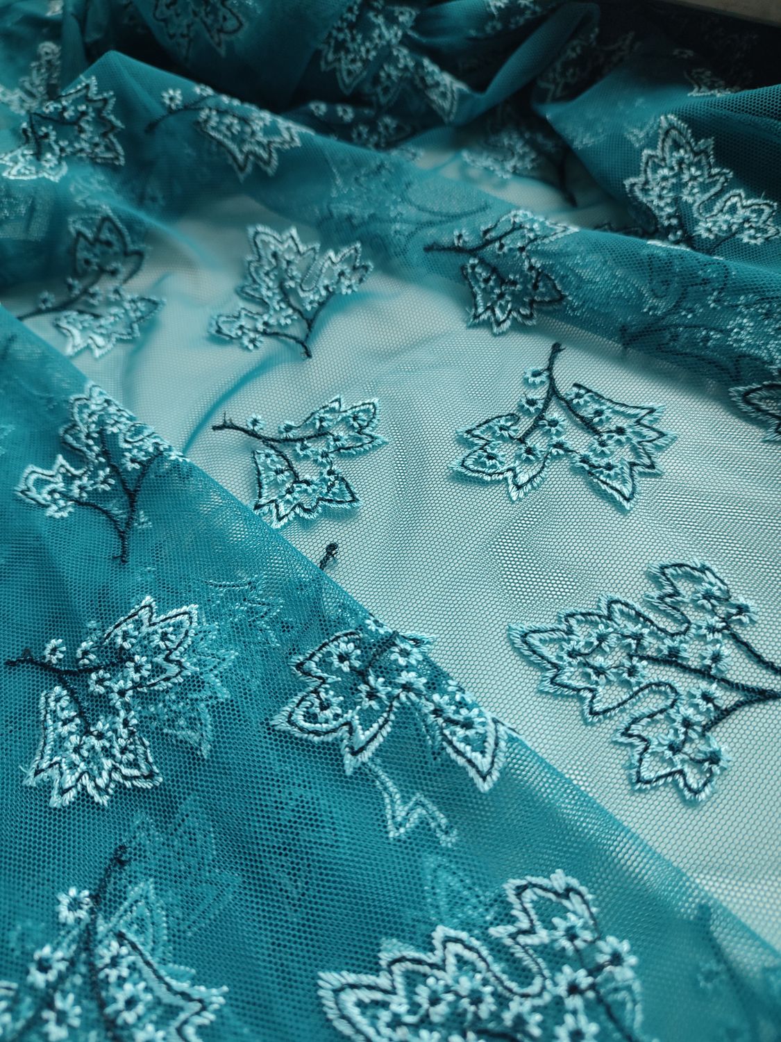 Teal embroidered non-stretch tulle, sold by 50×140 cm for lingerie sewing