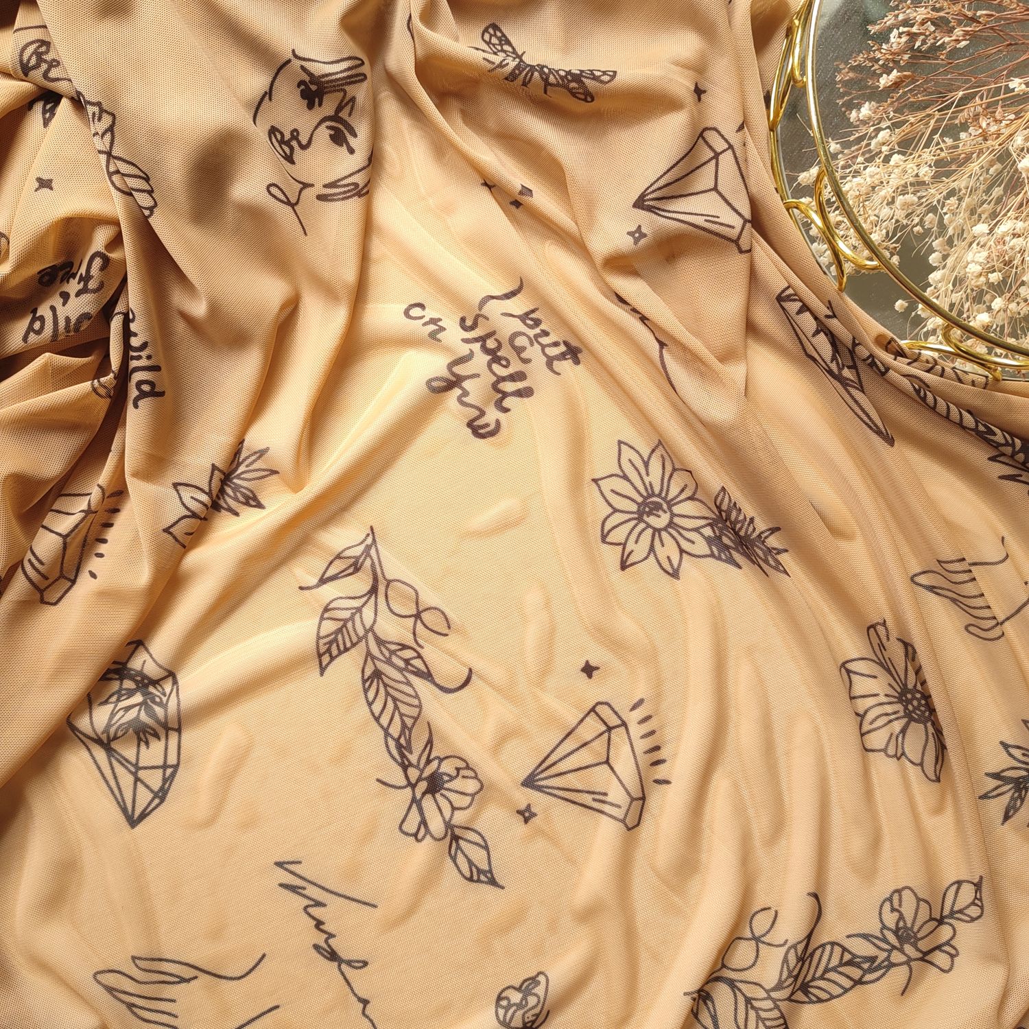 Beige 4-way stretch tattoo mesh with black pattern for lingerie sewing