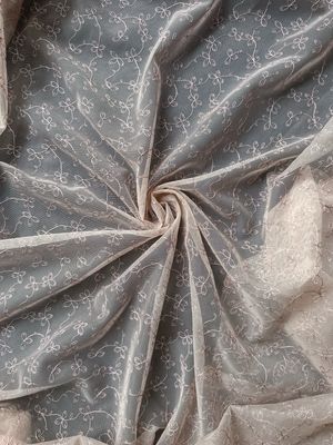 Beige Embroidered Tulle with Powder Pink Floral Pattern