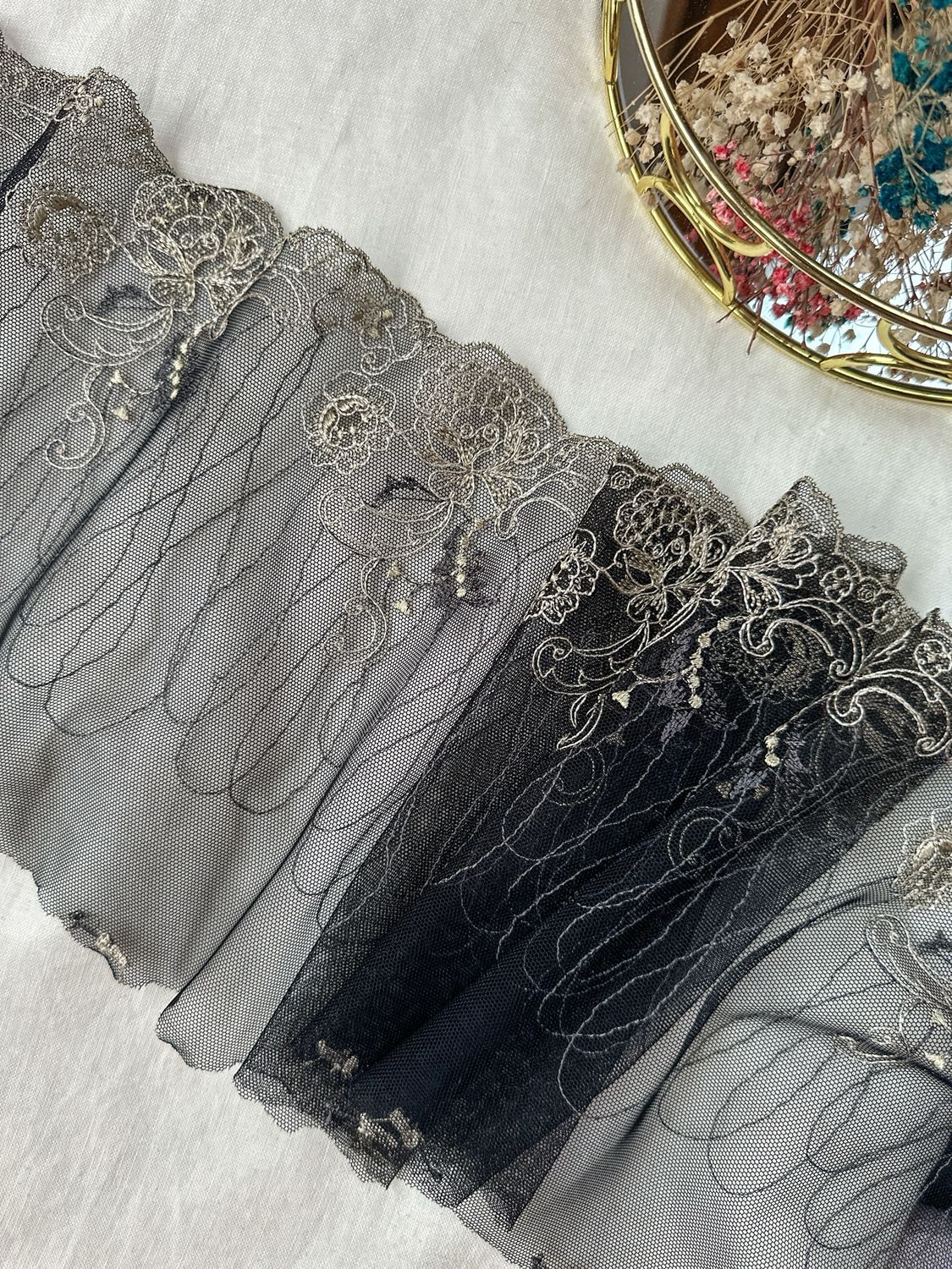 Dark Grey Non-Stretch Embroidered Lace with Beige Floral Embroidery