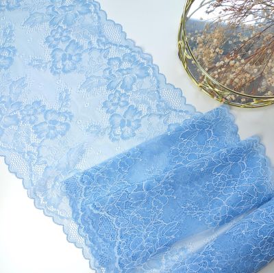 Light blue stretch lace with floral pattern for lingerie sewing


