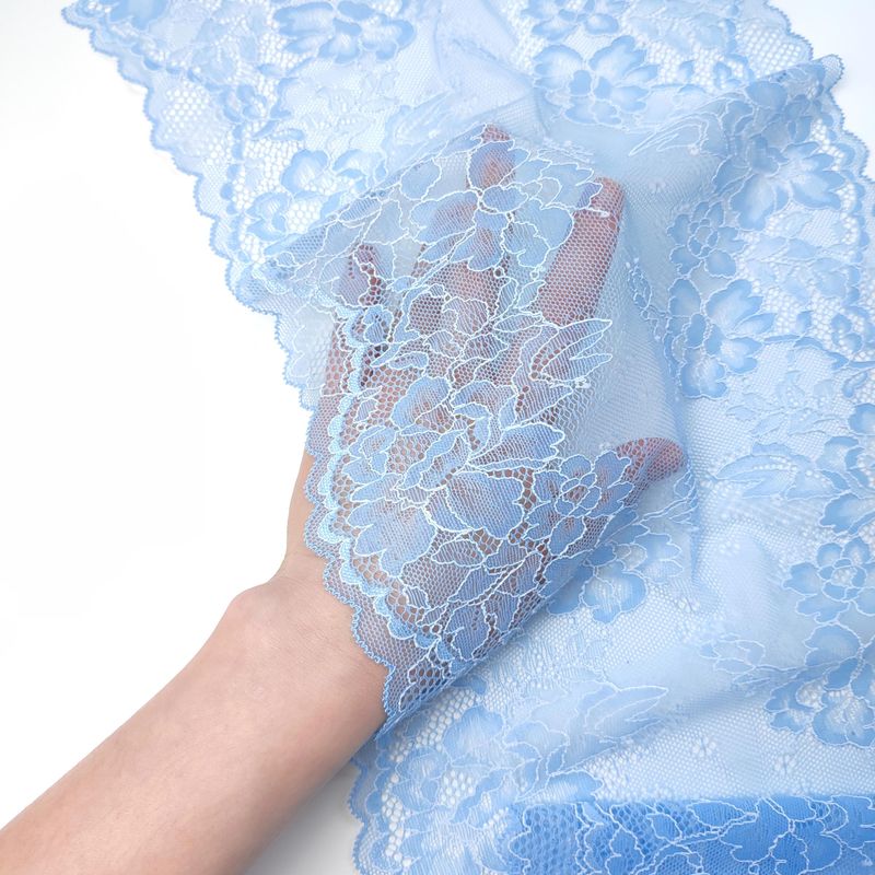 Light blue stretch lace with floral pattern for lingerie sewing

