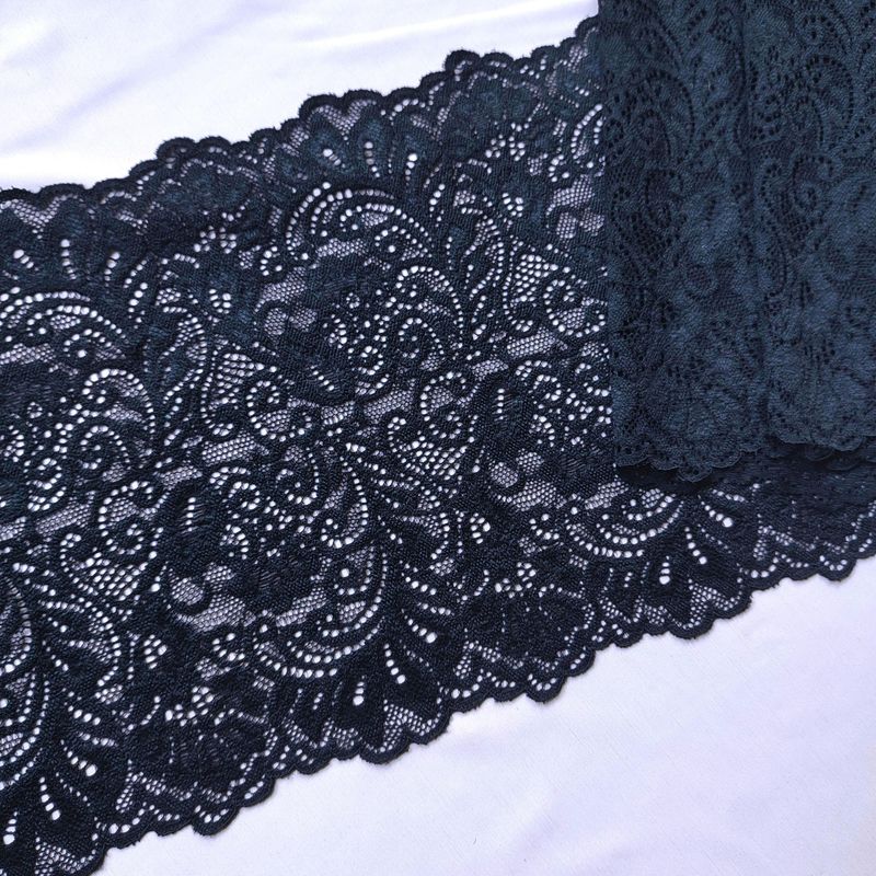 Black stretch lace with leaf pattern, 20 cm wide, lingerie sewing fabric

