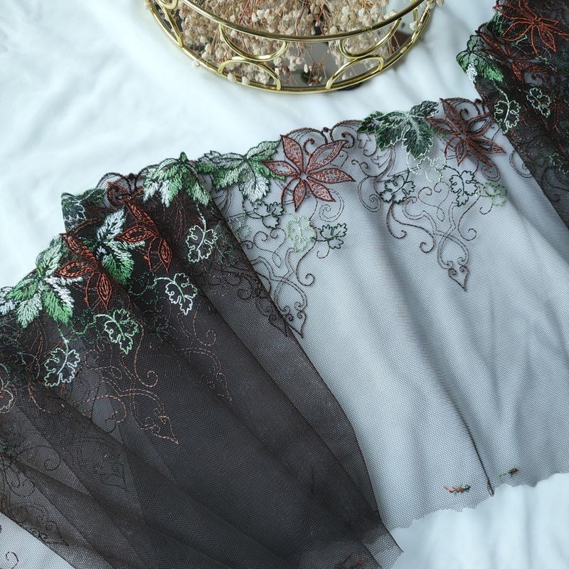 Brown Embroidered Lace with Autumn Leaves