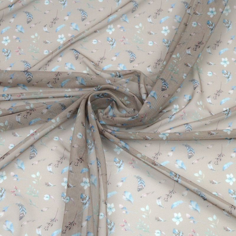 Rete elastica beige con stampa piume e fiori, larga 150cm (59.1")
