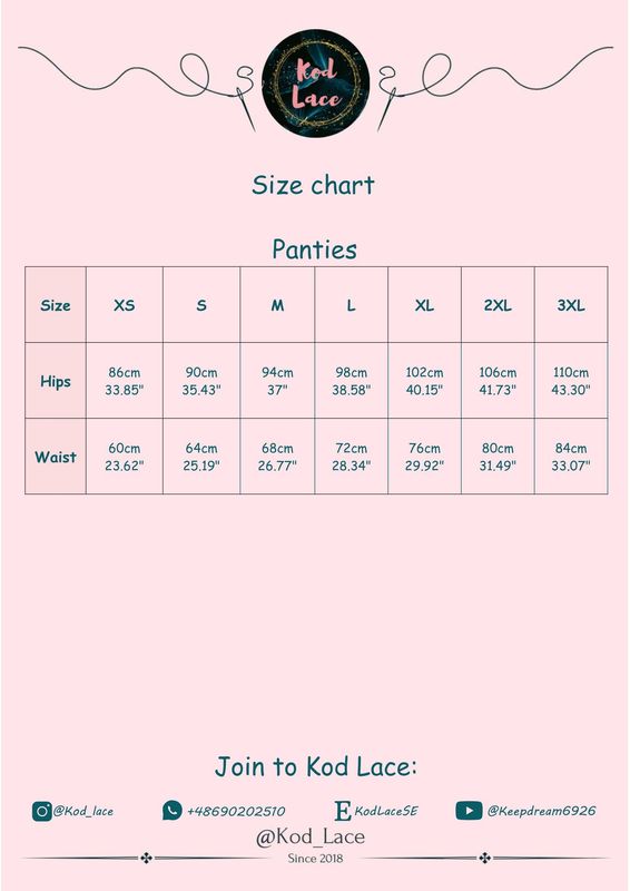 Size chart for Lily briefs sewing pattern sizes XS to 3XL