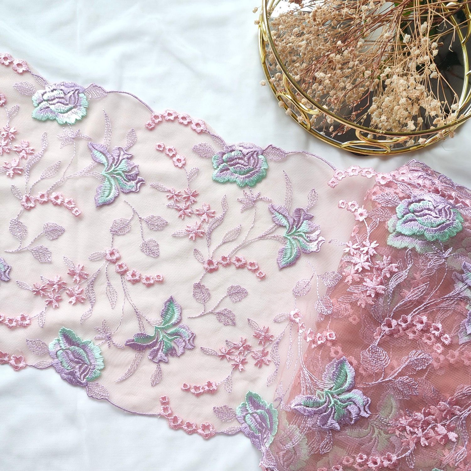 Pastel Pink Floral Embroidered Lace – Non-Stretch
