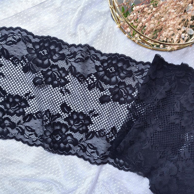 Black stretch lace – floral and soft elastic trim

