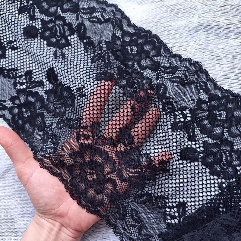 Black stretch lace – floral and soft elastic trim

