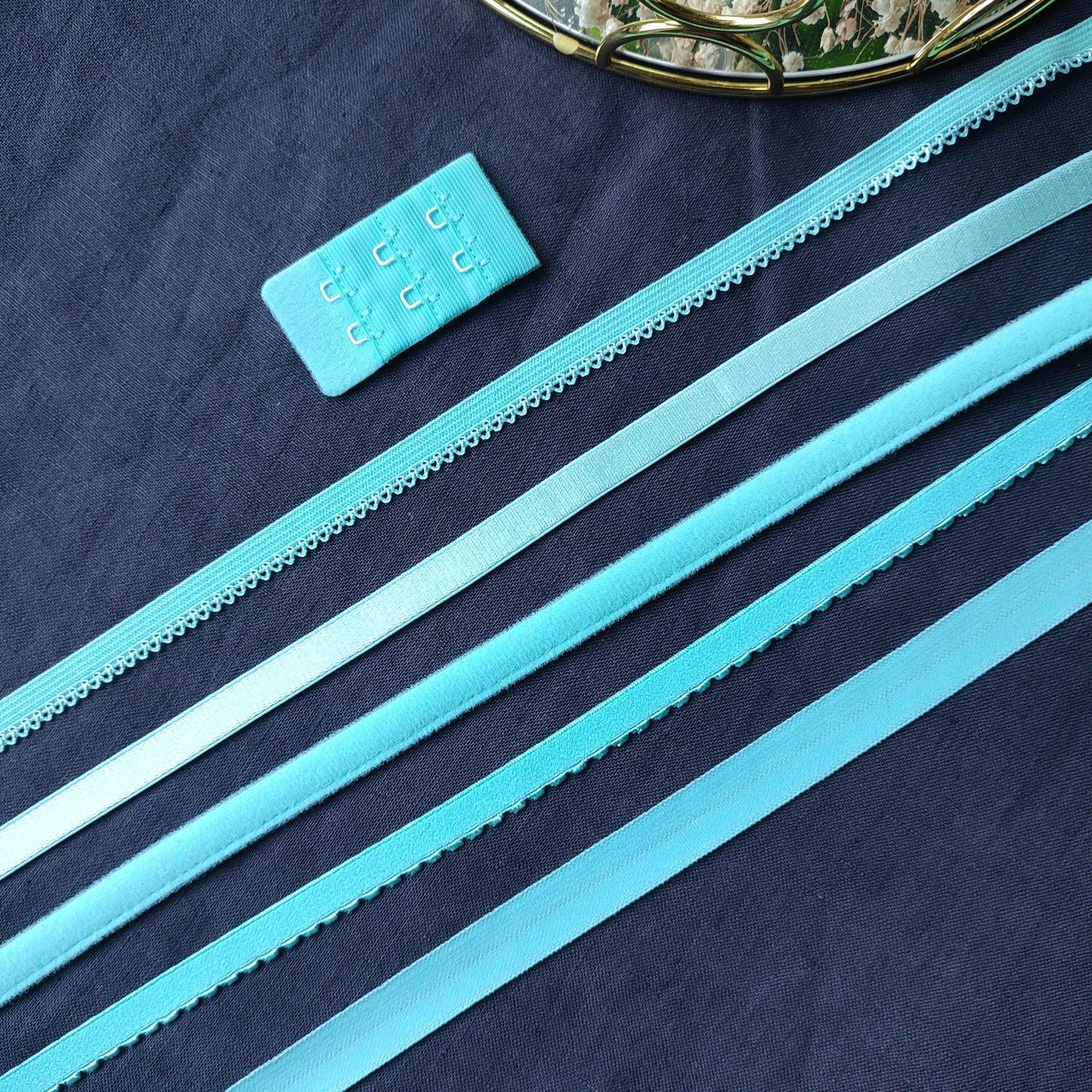 Turquoise lingerie elastics – picot, FOE, channeling, bra straps, panties elastic

