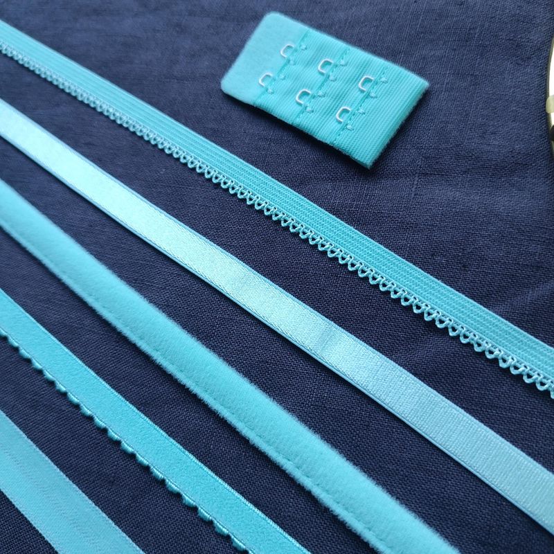 Turquoise lingerie elastics – picot, FOE, channeling, bra straps, panties elastic
