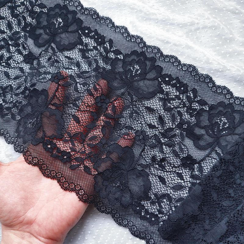 Black floral stretch lace, 20 cm wide, lingerie sewing fabric



