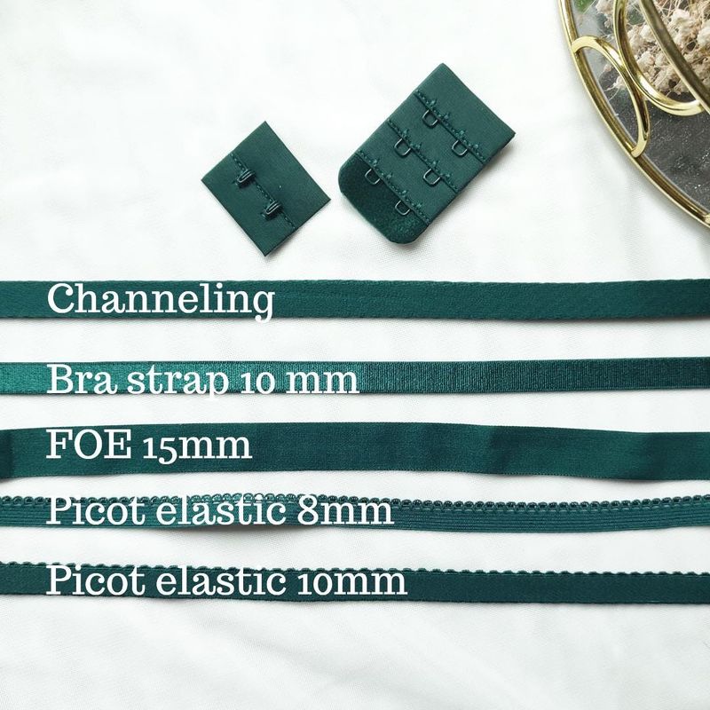 Dark green lingerie elastics in various widths and styles for lingerie sewing