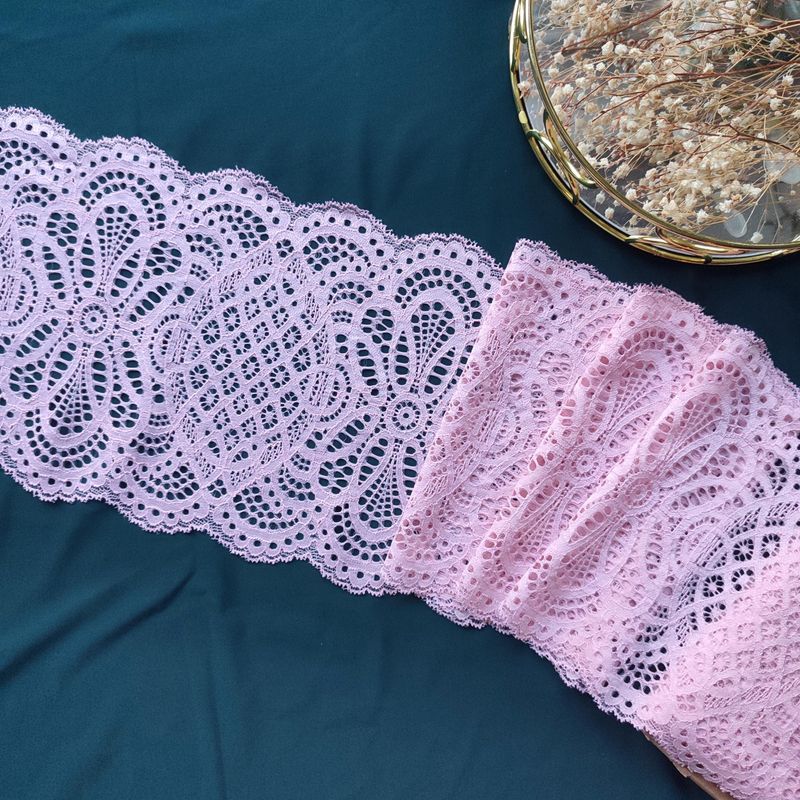 corded elastic laces in soft pink and lilac with scalloped floral design