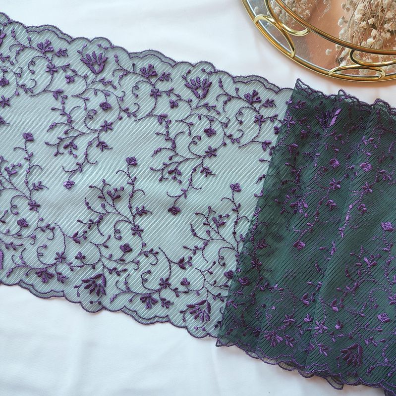 Dark Green and Purple Embroidered Lace – Non-Stretch