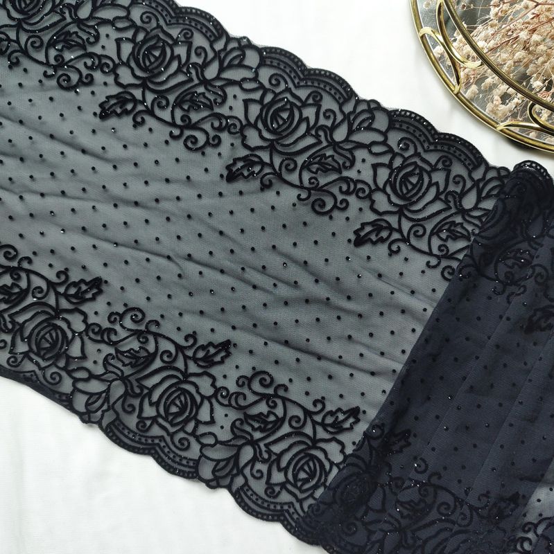 Black luxury stretch lace with glitter and floral flock design

