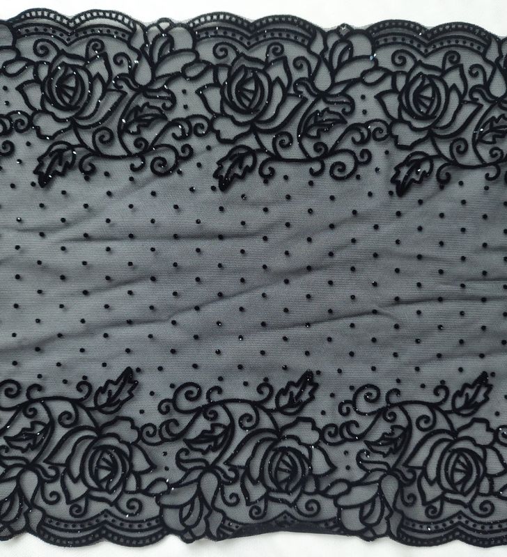 Black Stretch Lace with Flock Pattern – Luxury Velvet Effect