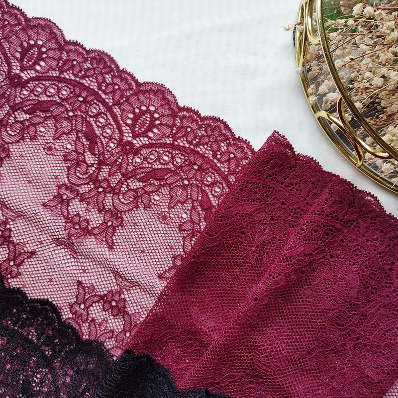Bordeaux and Black Stretch Lace – Floral Scalloped Design