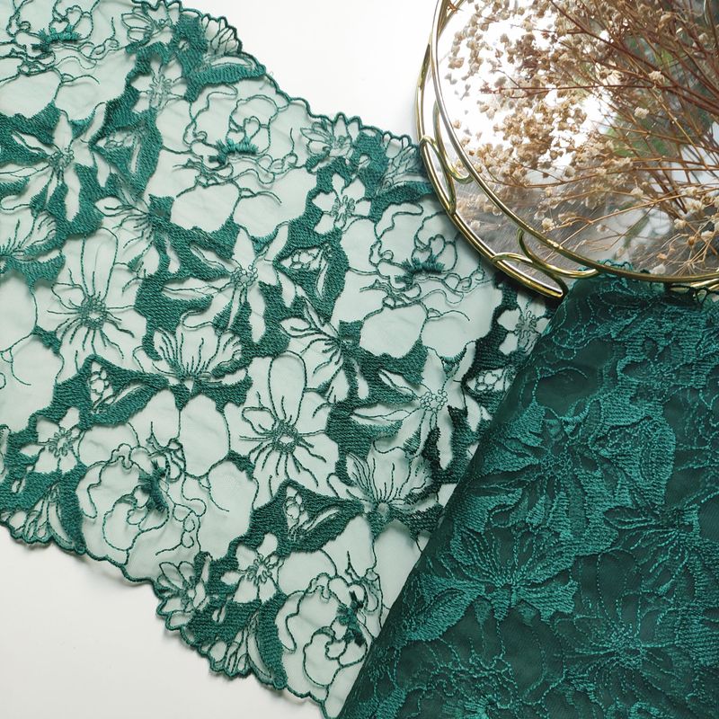 Dark green non-stretch lace – 26 cm wide embroidered mesh, sold by the yard

