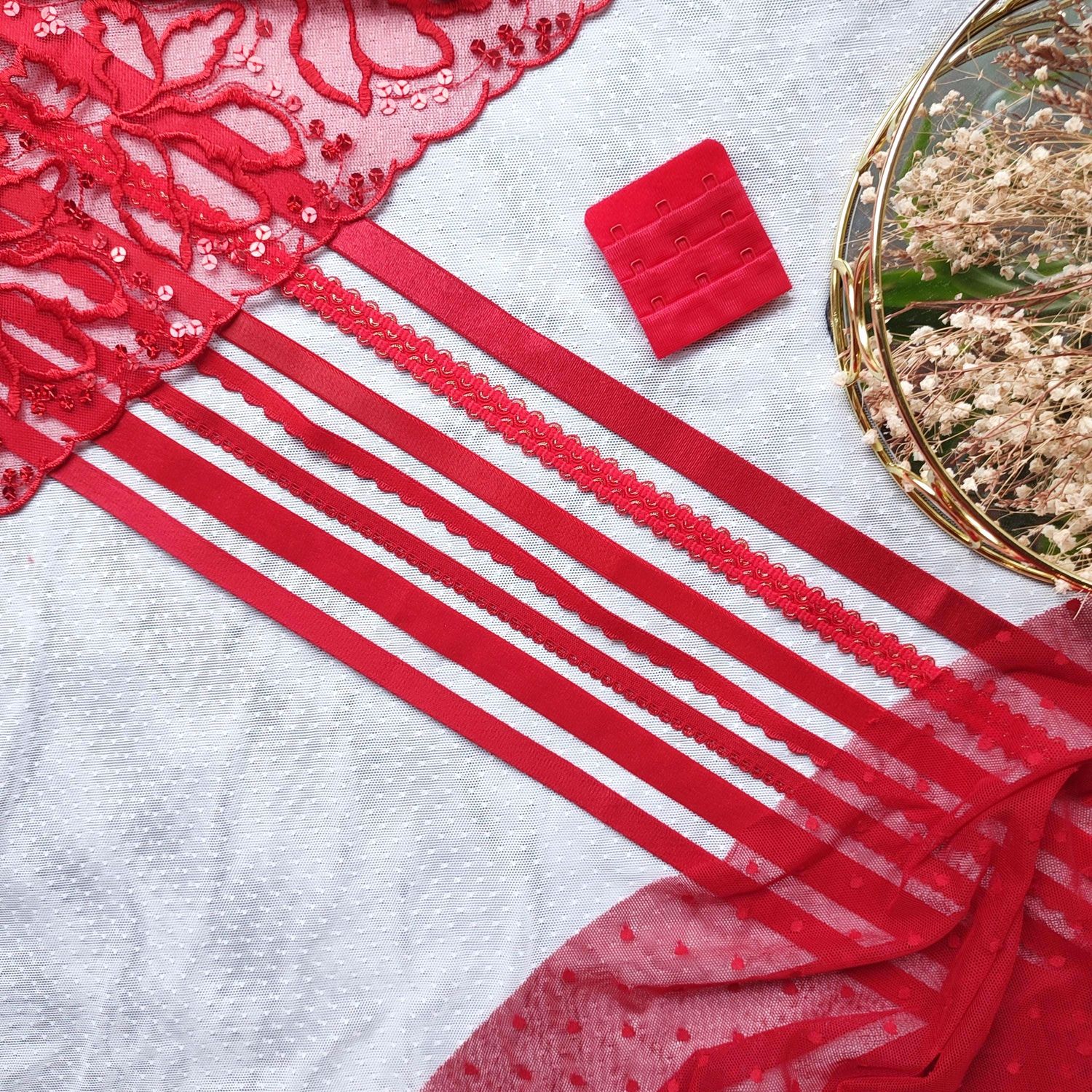 Red lingerie elastics and trims