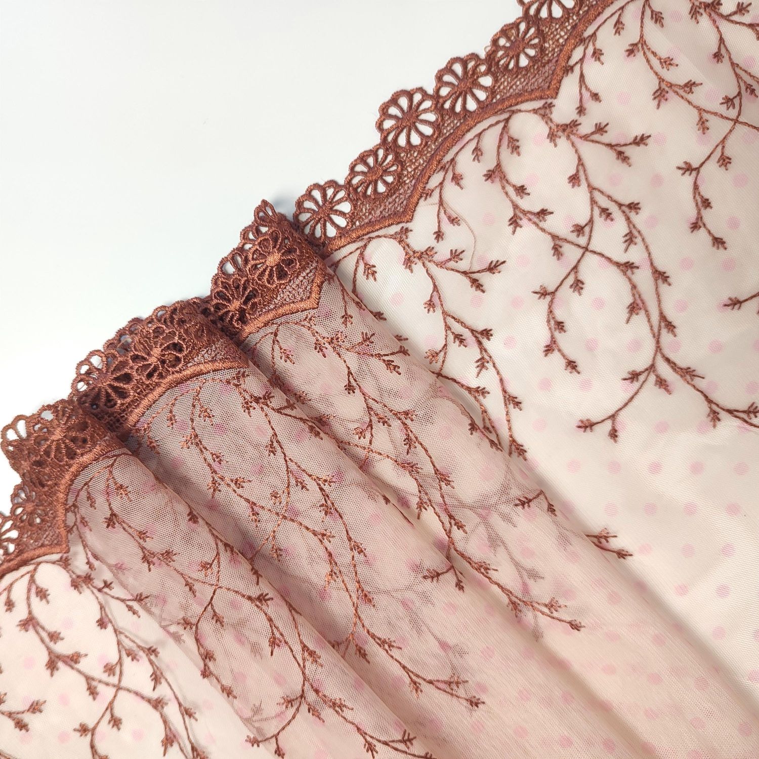 Blush pink lace with brown embroidery, 20.5 cm wide