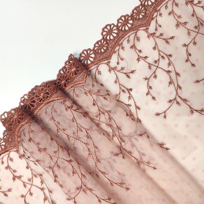 Blush pink lace with brown embroidery, 20.5 cm wide