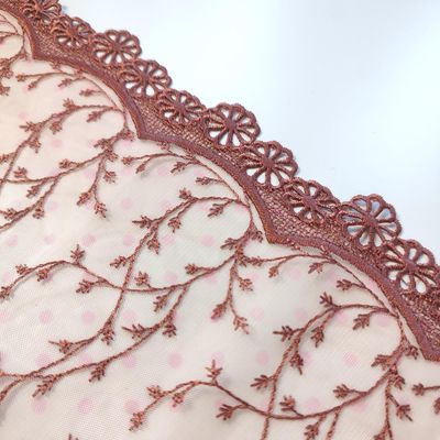 Blush pink lace with brown embroidery, 20.5 cm wide

