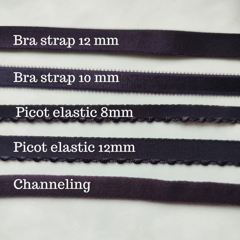 Dark purple bra elastics – straps, channeling, picot and FOE