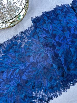 Gradient blue floral stretch lace in navy, cornflower, and teal for lingerie

