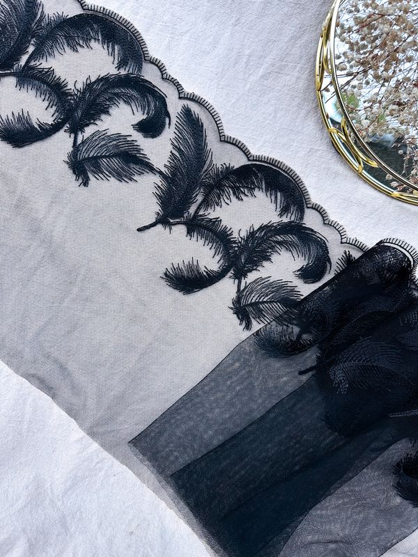 Black Feather Embroidered Lace on Mesh