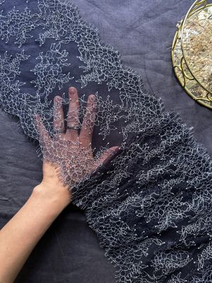 Dark navy Chantilly lace with ecru embroidery, 22 cm wide

