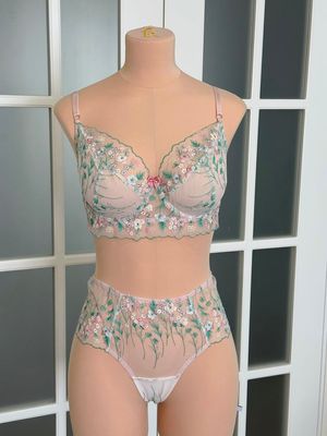 Floral Embroidery Lace – Powder Tulle with Mint and Blush Accents