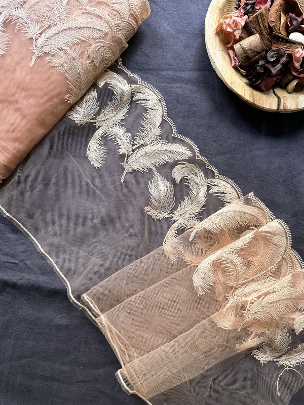 Peach lace with feather embroidery for lingerie sewing

