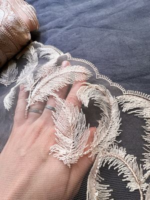 Peach lace with feather embroidery for lingerie sewing

