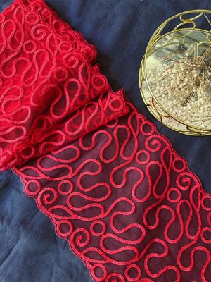 Red embroidered lace with gold thread, non-stretch, 22 cm wide