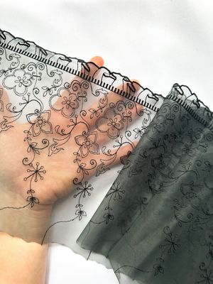 Black Embroidered Lace Trim on Grey Tulle