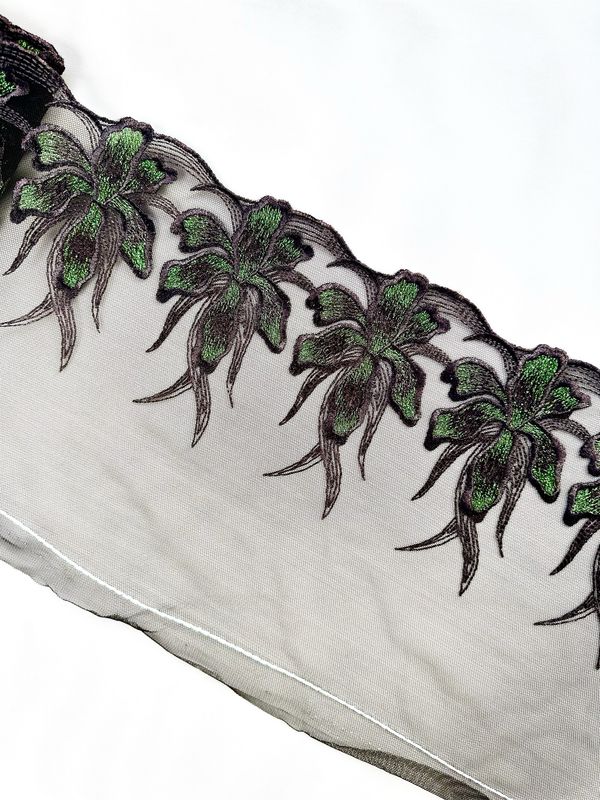 Chocolate Orchid Embroidered Lace Trim