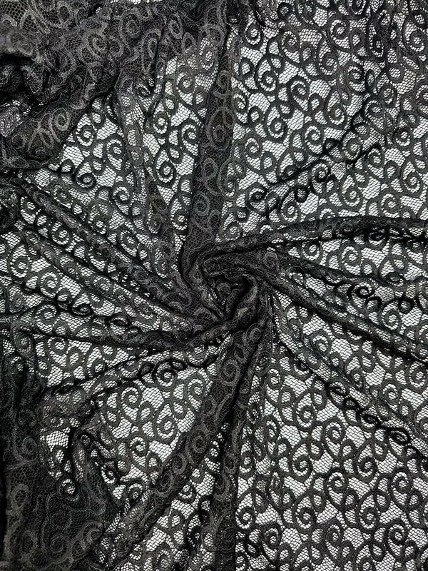 Tessuto pizzo elastico nero a motivo a spirale, largo 150cm (59.1")